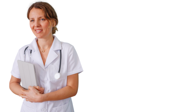 Female doctor holding a digital tablet, wearing a white coat and stethoscope, smiling, symbolizing modern healthcare - Powered by Adobe