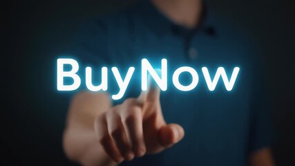 A hand pointing to a glowing Buy Now button on a dark background