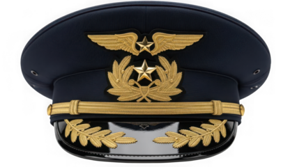 Military air force officer visor cap with gold insignia and wings isolated on transparent background