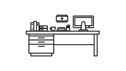 Simple Line Drawing of Office Desk Setup.