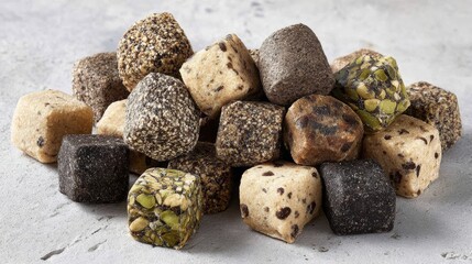 A close-up view of various specially formulated dental treats for pets showcasing their diverse textures and ingredients