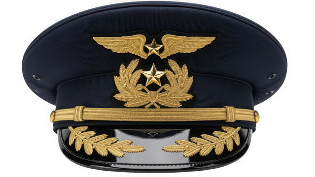 Military air force officer visor cap with gold insignia and wings isolated on transparent background