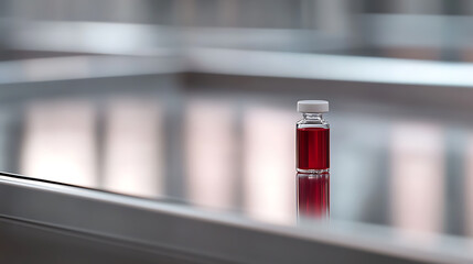 Vial of vibrant red liquid rests on a reflective surface, embodying scientific research or pharmaceutical production. The composition is precise and aesthetically pleasing.