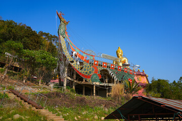 Ornate prow of the ceremonial barge monument in the Golden Triangle Park (Sop Ruak) on the banks of the Mekong River in Chiang Saen in Northern Thailand