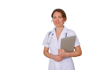 Female doctor with stethoscope carrying laptop, representing modern healthcare, technology, medical consultation, and online patient care on transparent background