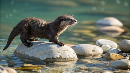 A curious young otter with sleek wet fur balances on a rock near the water's edge in its natural habitat