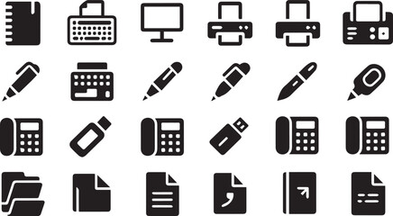 A comprehensive collection of black office technology and stationery icons presented as silhouettes