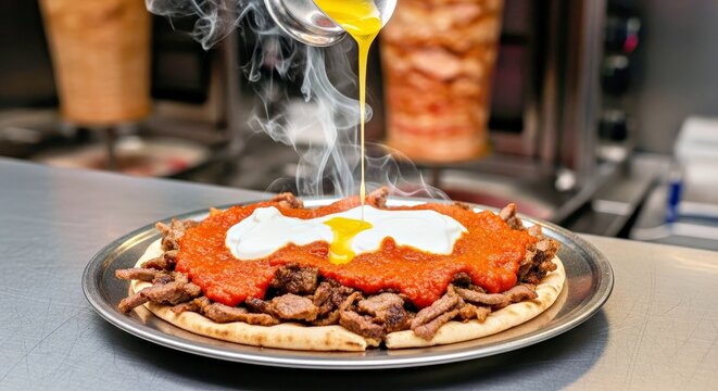 Bustling Urban Iskender Kebab With Steaming Butter Sauce in Dynamic Lighting