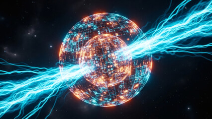 Energy Spheres Collide: Witness a visually stunning collision of energy spheres in the vast expanse of space, as electrifying blue beams intertwine, igniting a cosmic dance of power and wonder.