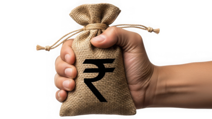Hand holding a small burlap money bag with indian rupee symbol isolated on transparent background