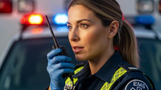 A focused young female emergency medical technician (EMT) communicating via radio while handling a situation near a flashing police vehicle, showcasing skills and commitment to service.