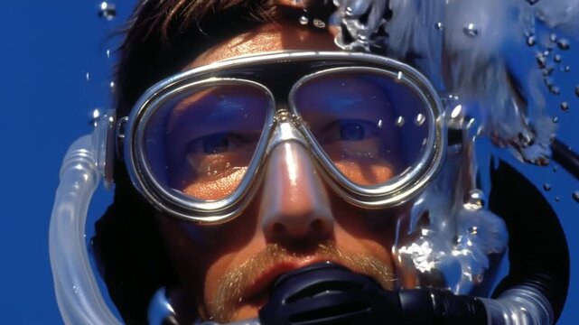 Close-up portrait video of a diver and a whale reflected in the ocean through goggles.
