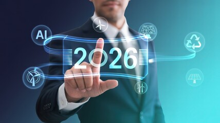 Businessman touching 2026 future technology screen