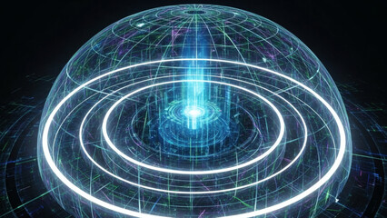 Quantum Realm: A mesmerizing depiction of a quantum realm, showcasing intricate glowing lines and circular structures, radiating energy and innovation.