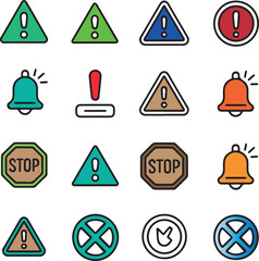 A diverse collection of colorful warning stop and notification icon symbols