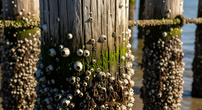 Close-up of weathered wooden pilings encrusted with barnacles and seaweed, bathed in warm, golden sunset light near the water