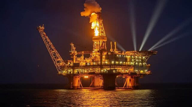 An illuminated offshore oil rig stands majestically against the dark night sky, showcasing its complex structure and bright flames that erupt from the drilling platform.