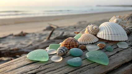 Beautiful collection of natural seashells and smooth sea glass resting on driftwood at the sunny beach