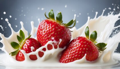 an enticing image of strawberries splashing into a pool of creamy milk portraying freshness and deliciousness in a dynamic visual representation of indulgence and culinary delight