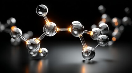 Abstract glass molecule sculpture with interconnected spheres and glowing orange energy links, representing scientific or chemical structures.