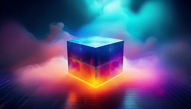 an abstract scene portrays a glowing cube enveloped in colorful fog representing mystery and imagination evoking emotion and curiosity about the unknown and the unseen