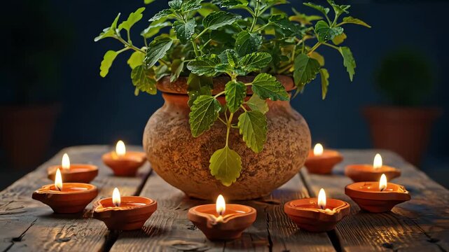 Sacred Tulsi Plant and Lit Diya Lamps Indian Festival Decoration