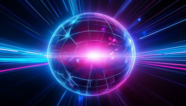 a vibrant glowing sphere radiates pink and blue light amidst a dark background representing futuristic technology and digital connectivity - Powered by Adobe