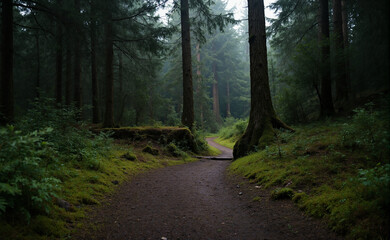 Fototapeta premium Misty redwood trail, deep forest path, Pacific Northwest hiking aesthetic
