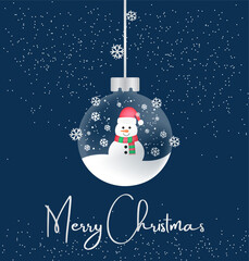 Illustration of a New Year's ball with a snowman on a dark blue background.