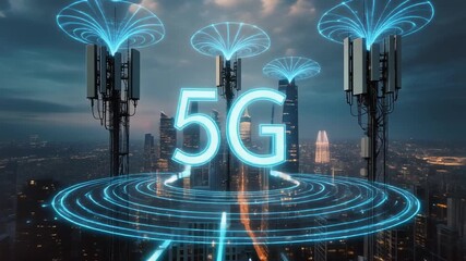 Cityscape at dusk with 5G network towers and wireless connectivity signals - Powered by Adobe