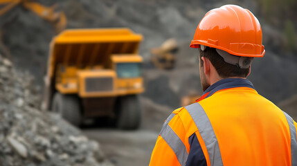 A construction worker in safety gear is looking towards a construction vehicle in a worksite filled with rubble and debris. There are other vehicles in the background.
