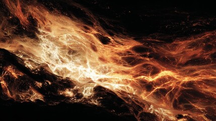 Abstract composition of flowing molten metal with intense glowing textures and fiery orange and yellow hues against a dark background.