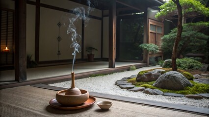 Japanese Zen Garden with Ceramic Incense Burner Emitting Fragrant Smoke, Creating a Peaceful Atmosphere for Meditation
