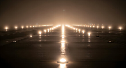 Ethereal runway lights guide through foggy night, creating a dramatic pathway for aviation and travel inspiration