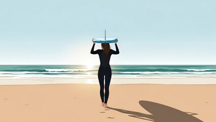 Woman in wetsuit carrying a surfboard on a sandy beach towards the ocean.