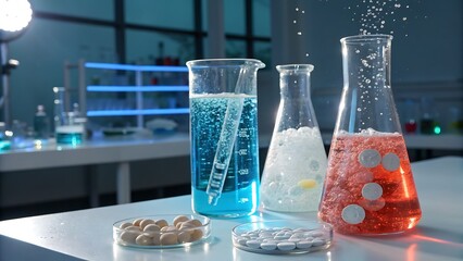 Laboratory scene featuring colorful effervescent tablets and dissolving substances in beakers and flasks, showcasing chemical reactions and scientific research.