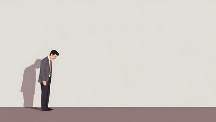 Fototapeta premium A man in a suit stands dejectedly against a plain wall, casting a long shadow, symbolizing feelings of sadness, loneliness, and despair.