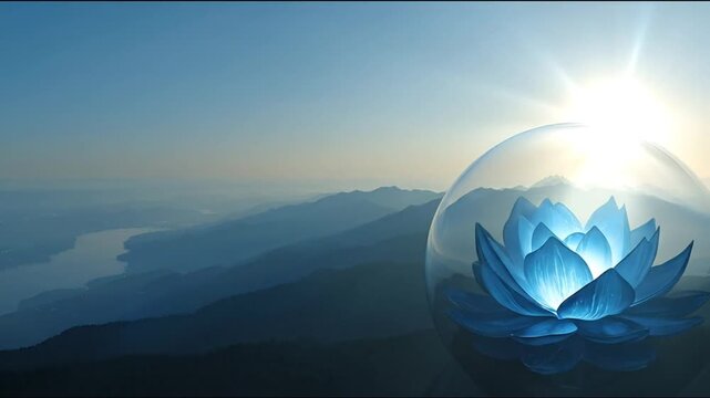 A serene landscape showcases a luminous blue lotus flower enveloped within a clear sphere.
