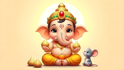 Fototapeta premium Adorable baby Ganesha holding sweets with little mouse friend
