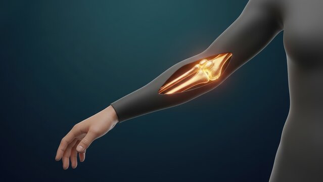 Glowing elbow joint inside sleeved forearm showing medical technology concept for joint pain and joint stiffness