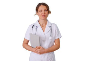 Female doctor or nurse holding tablet, wearing white medical uniform and stethoscope, standing with transparent background