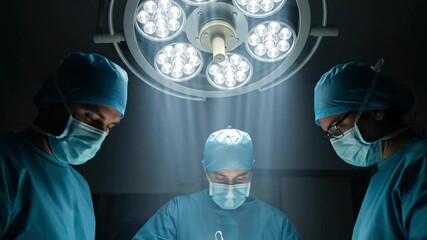 Three Surgeons in Blue Scrubs Concentrating Under Surgical Lights in an Operating Room During a Critical Procedure