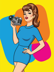 Pop art pin up girl taking photo with camera, playful modern vector illustration with solid colors, ideal for travel and creative lifestyle themes © meeblues