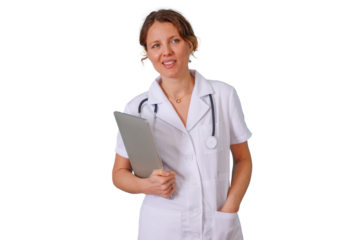 Female doctor or nurse holding a laptop, wearing a white lab coat and stethoscope, healthcare professional concept