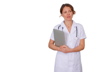 Female doctor in white coat holding laptop and thinking, a medical professional considering healthcare solutions