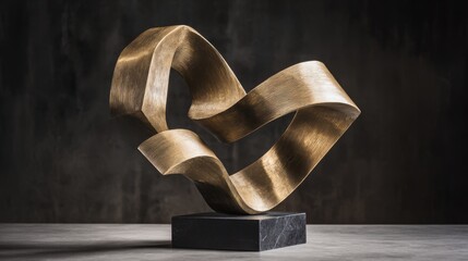 Brushed bronze abstract sculpture with fluid dynamic curves on a dark marble base, a striking piece of contemporary art for modern spaces