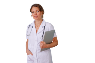 Female doctor or professional healthcare worker wearing white lab coat and stethoscope, holding a laptop, ready for medical consultation, transparent background