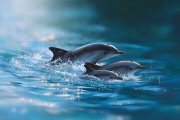 Fototapeta premium Dolphin Family Swimming and Leaping in Ocean, Babies Close to Adults, Ultra-Detailed Cinematic Wildlife Scene