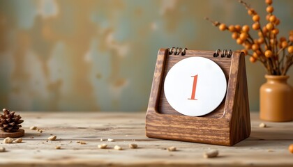 new year concept with wooden desk calendar show number "1", olive green and terracotta palette