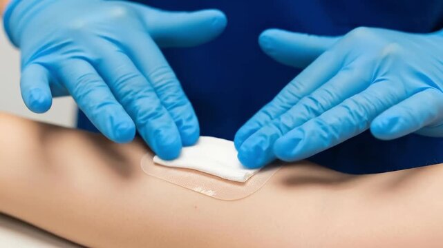 Close-up of a healthcare professional with blue latex gloves applying a sterile bandage to a patient's forearm, ensuring proper wound care and hygiene practices.